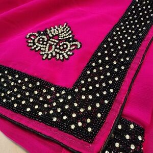 Elegant Hot Pink and Black Saree with Gemstone Border from Made In India